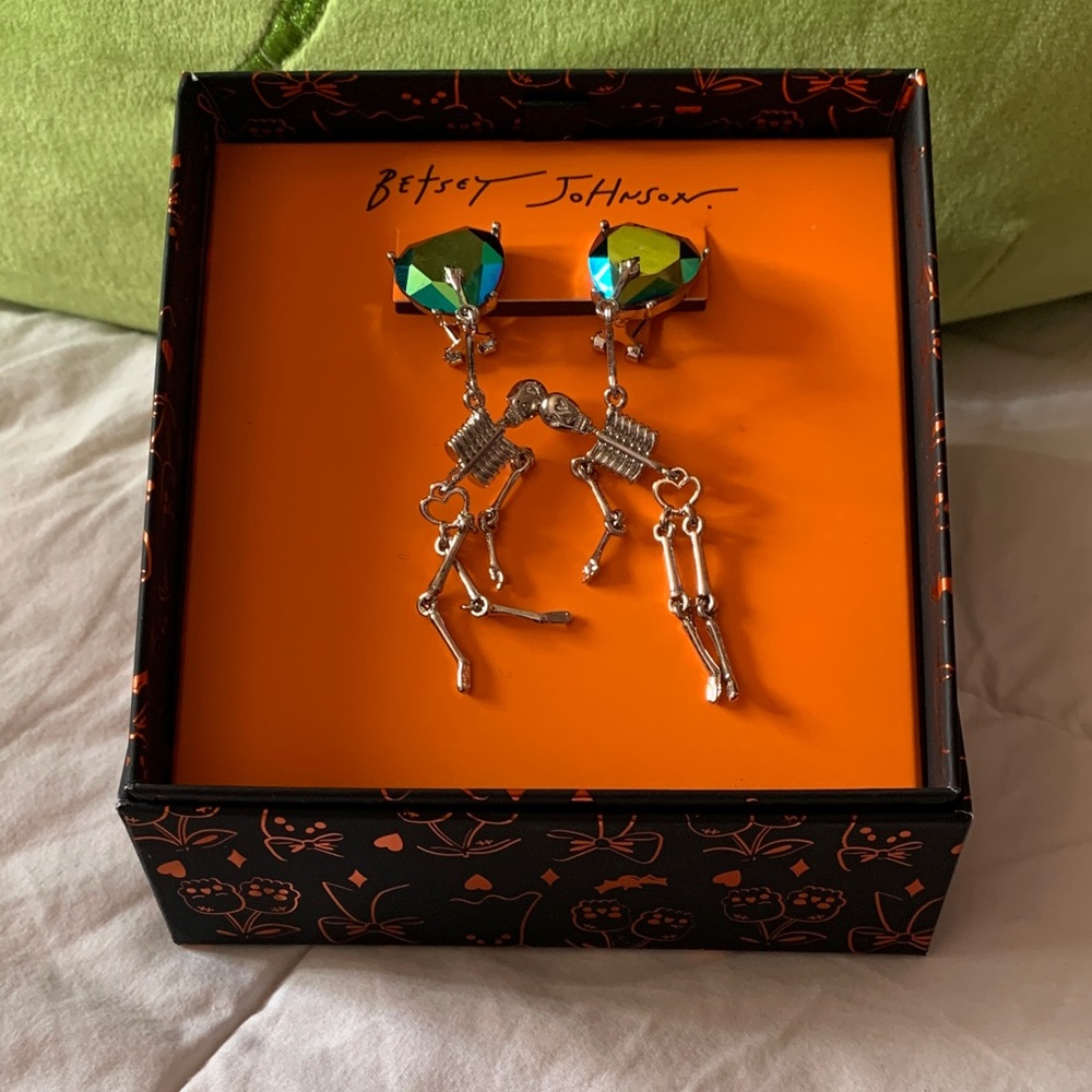Betsey Johnson Silver Skeleton Earrings with Green and Blue Accents